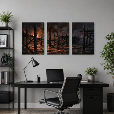 «Burning Wooden Pier at Dusk», ensemble de 3 toiles murales