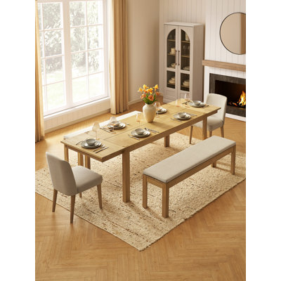 Logan Upholstered Beige Dining Chair Set Of 2 And 64" Bench, Modern Farmhouse Solid Wood 5 Piece 91" Extendable Dining Table Set For Dining Room Kitch