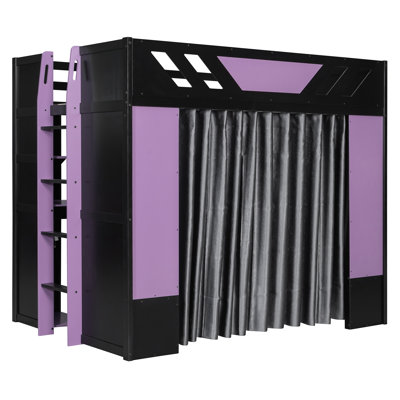 Lit mezzanine en bois Orson avec tablettes, garde-robe, rideaux occultants et éclairage RVB