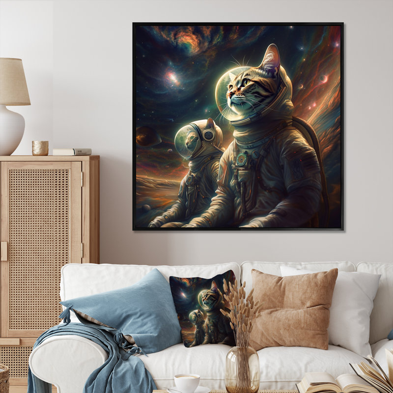 Ohara " Interstellar Space Cat ", 36" H x 36" W x 1.5" D, Black Floater Framed