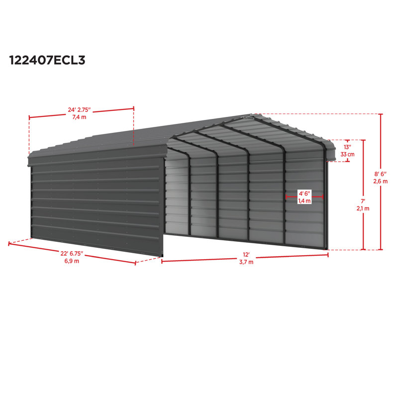 Steel Carport With 3 Wall Kits, 12X24X07, White