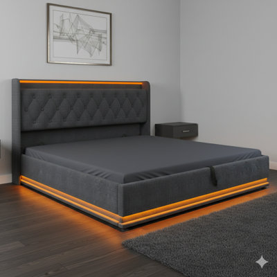 Très grand lit tapissier avec éclairage à DEL de périmètre à 360 degrés, boutons contrôlables, applications ou télécommande. Ce lit de rangement hydraulique comprend une charge USB de type C et est livré dans un tissu en lin gris. (Matelas non inclus)