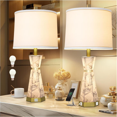 Lampe de table en albâtre naturel, ensemble de 2 lampes de salon, lampe de table de chevet avec veilleuse, lampes de salon avec abat-jour en lin, lampe de chevet avec ports USB A + C pour chambre à coucher, hôtel (ampoule incluse)