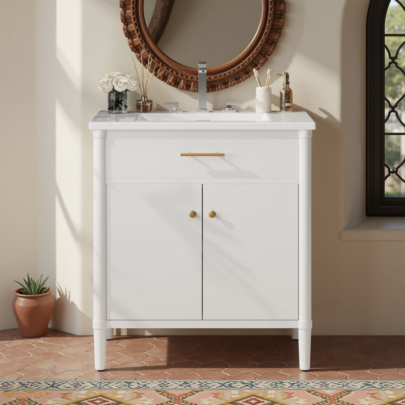 Meuble-lavabo autoportant de 31 po avec lavabo en céramique, portes à fermeture en douceur et poignées en or mat, Blanc