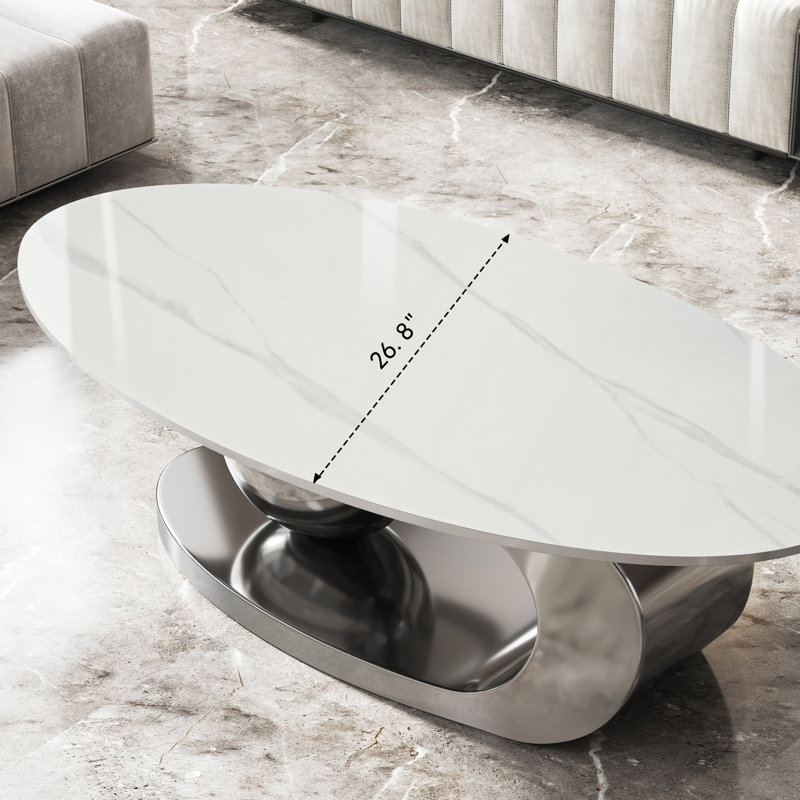Table basse 49,2 pouces ovale en faux marbre pour salon avec base en acier inoxydable