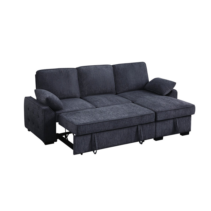 91"W Chenille Fabric Reversible Sleeper Sectional With Storage Chaise, Drop-Down Table, Cup Holders And Charging Ports