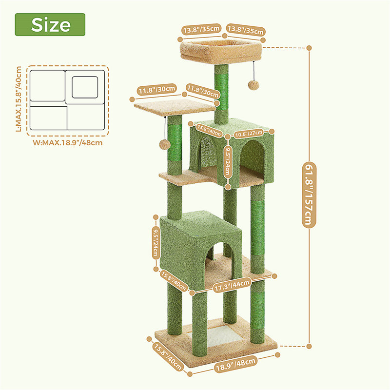 Arbre à chat inférieur pour chats d'intérieur, tour pour chat à plusieurs niveaux de 62 po avec 2 condos spacieux, patin à griffer, 4 poteaux à griffer, 2 perchoirs supérieurs, 2 pompons