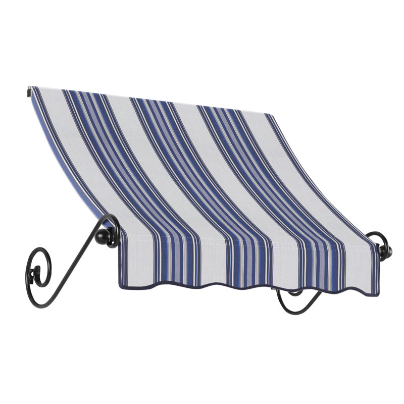 Awntech Charleston Acrylic Fabric Awning with Iron Scroll Arms, 44" H x 124.5" W x 24" D, Navy/Gray/White Multi