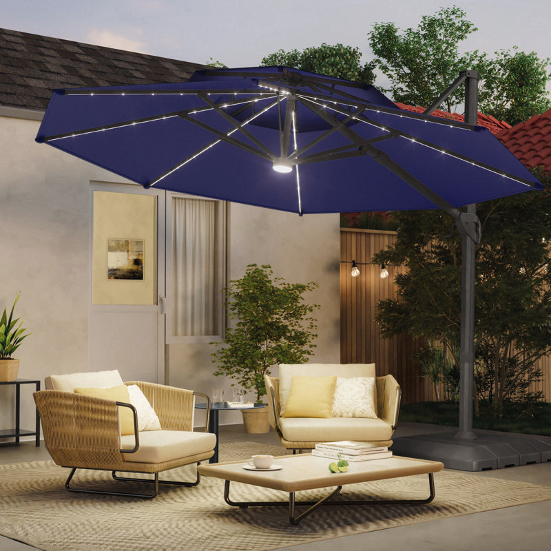 Parasol de patio en porte-à-faux à DEL 11 pi avec UPF80 + et manivelle, Sable