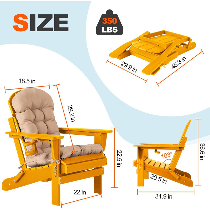Ensemble de 2 chaises pliantes Adirondack avec coussin, surdimensionné en Hdpe et résistant aux intempéries, Orange