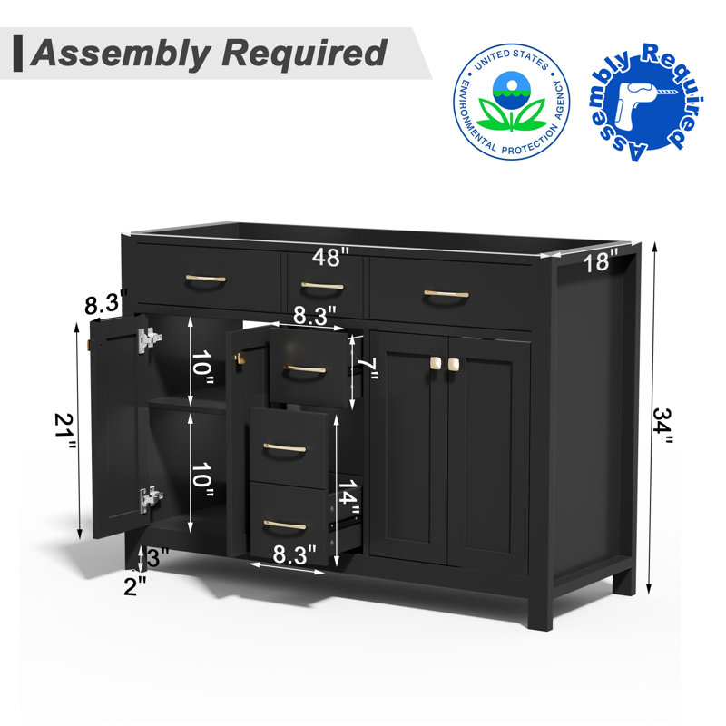 48" Double Bathroom Vanity Base Only, Sink not Inlcuded, Black