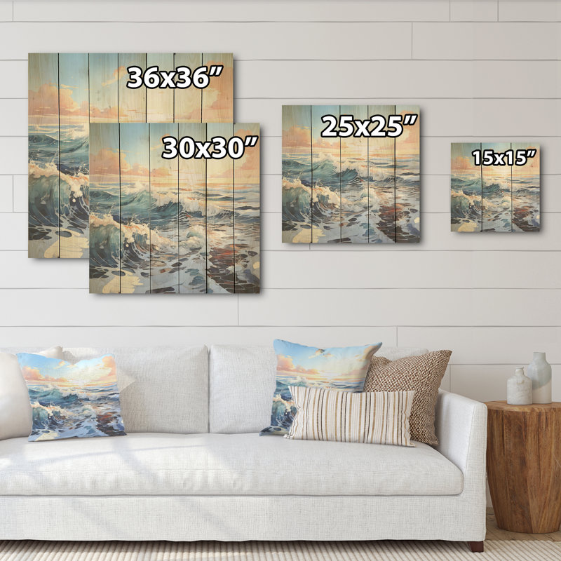 Océan, paysage d'hiver I - océan, art sur bois de pin naturel, H 36 po x l 36 po