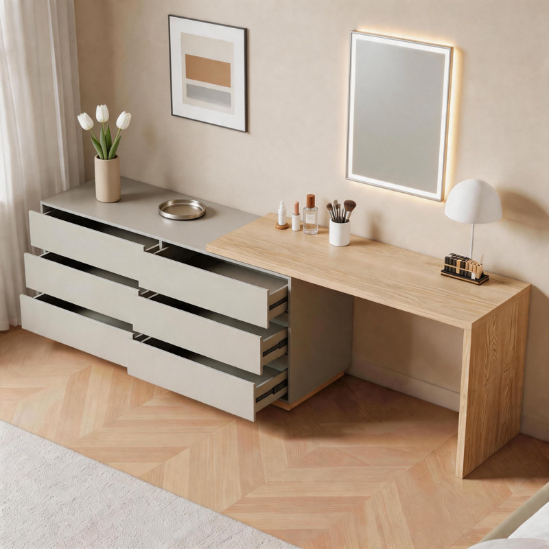 Extendable Dressing Table & Desk Combo | 160-250cm Rotatable Vanity with 6 Drawers | Space Saving for Bedrooms & Small Flats