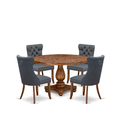5-piece Dining table set consists of a Kitchen Table and 4 Platinum Gray Polyester Fabric Modern Dining Chairs with Button Tufted Back - Antique Walnut Finish