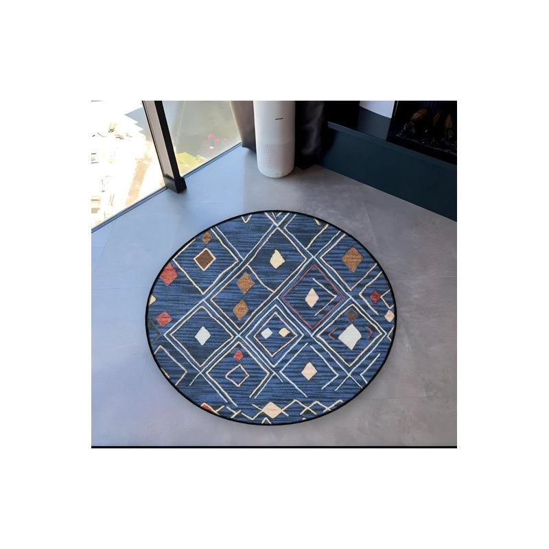 Navy Blue  Scandinavian Patterned Round Woven Base Modern Decorative Carpet, Round 5'