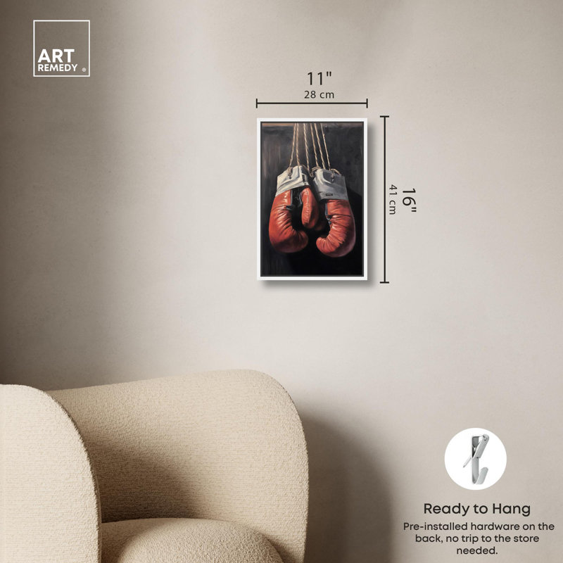 Affiche classique de gants de boxe rouges par Art Remedy, Cadre blanc, H 25 po x l 17 po