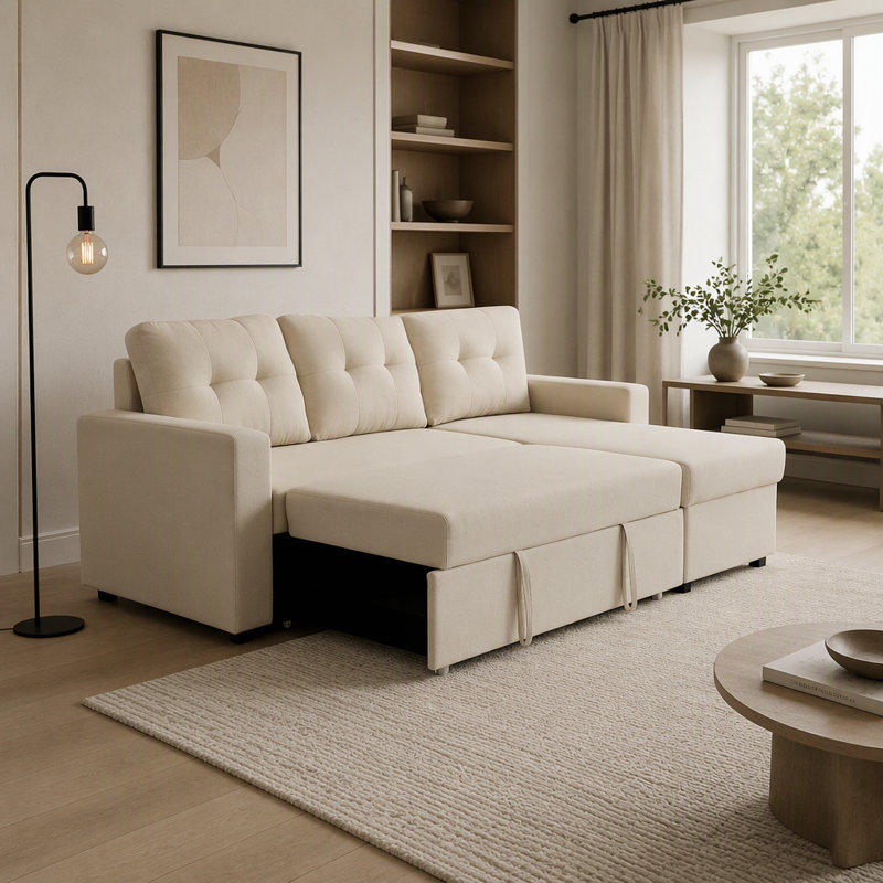 Canapé-lit modulaire convertible en forme de L convertible pour petits espaces et salons Beige