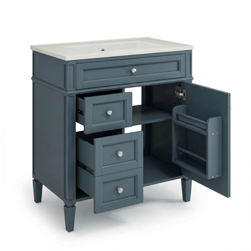 Meuble-lavabo bleu 30 po avec lavabo supérieur, meuble-lavabo moderne simple à 2 tiroirs et tiroir basculant, smoke blue