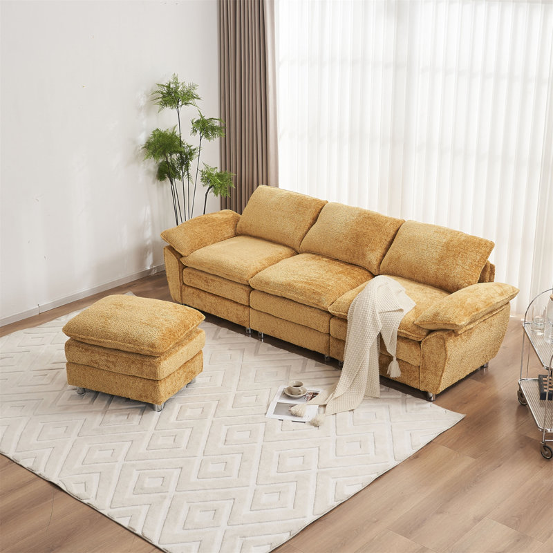 Canapé moderne à 3 places avec repose-pieds: canapé-lit en polyester, rembourré confortable, Polyester jaune