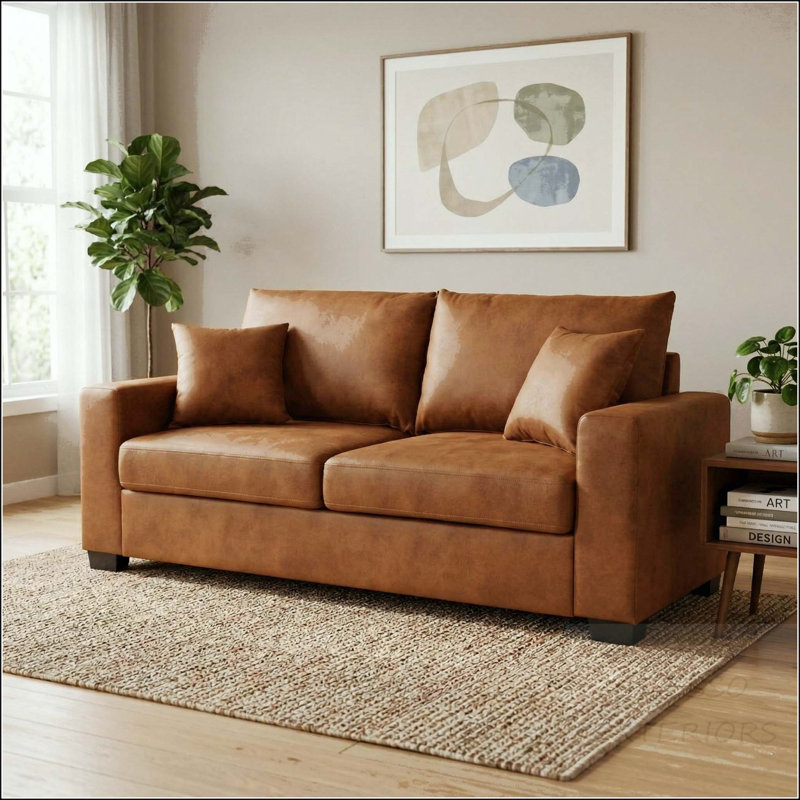 Canapé 69 po à deux places en tissu texturé avec 2 coussins - Pieds en plastique robuste, Foil Fabric Light Brown