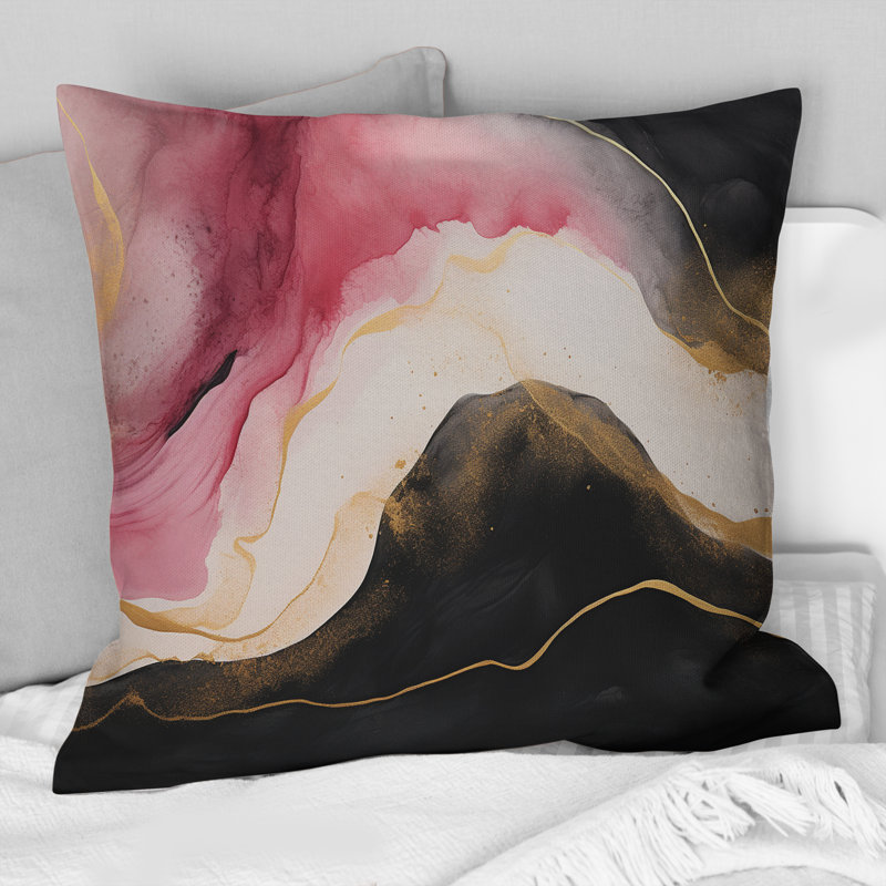 Abstrait, vague d'or rose et noir - Coussin décoratif avec peinture abstraite