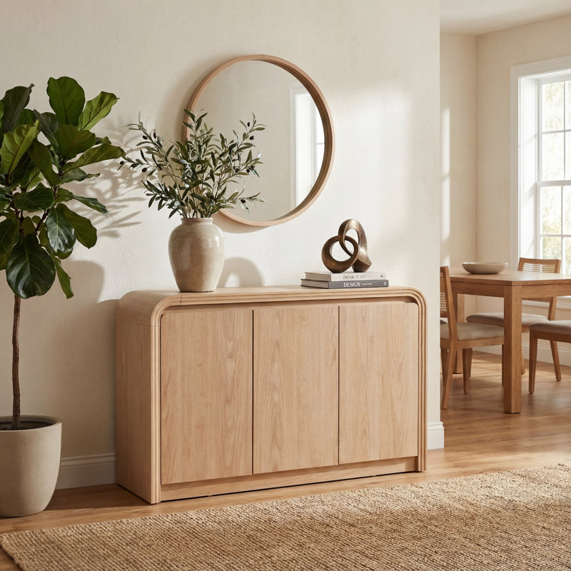 Buffet moderne à 3 portes de 47,24 pouces avec bords incurvés et tablettes de rangement, Chêne