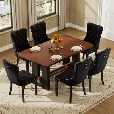 Ensemble de table de salle à manger moderne en noyer avec chaises en velours 4/6, bois aggloméré et bois massif pour les petits espaces