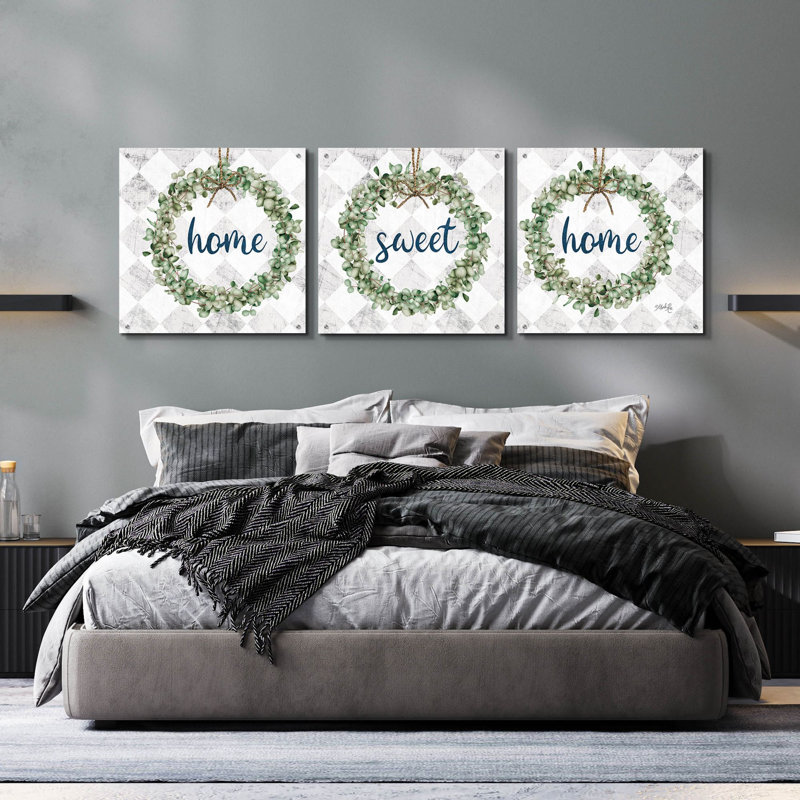 «Home Sweet Home Eucalyptus Wreaths» par Marla Rae, ensemble d'art mural en verre acrylique, 3 pièces, H 24 po x l 72 po
