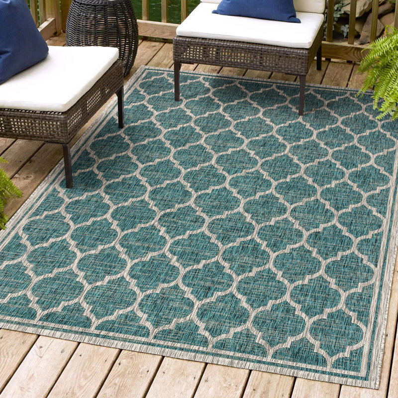 Tapis d'intérieur / extérieur bleu sarcelle / gris Hague, Rectangle 3 pi 11 po x 6 pi