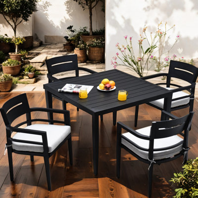 5 Outdoor Furniture Dining - 40" Square Table With Umbrella Hole & 4 Chairs Cushions Ember Black Eye-Catching , Modern Design Cushioned Chairs,