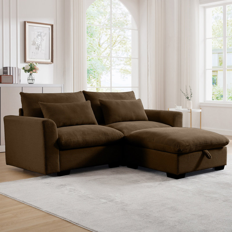 Sectional Sofa Comfy Corduroy Couch For Living Room With Pillows And Round Armrests, Modern Corduroy Sofa Sleeper Deep Couches With Storage Ottoman