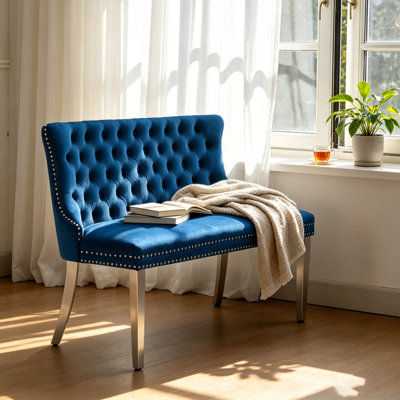 Banc en velours pour causeuse double, chaise de cuisine et de salle à manger capitonnée à 2 places avec boutons faits à la main, conception à oreilles et pieds en acier inoxydable argenté brossé, sièges de confort moderne de style Mid-Century pour la cuisine et la salle à manger