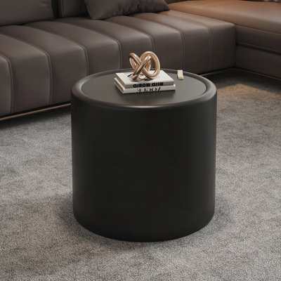 Table basse ronde avec plateau en verre trempé, structure en similicuir et rangement caché pour le salon, table d'appoint moderne