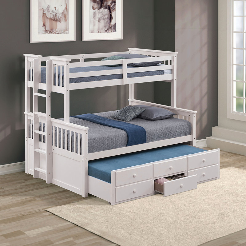 Lit superposé simple au-dessus d'un lit double blanc avec aspect transitionnel, tiroirs latéraux et 3 sous le lit, structure en bois d'ingénierie massif, solution articulée, lit gigogne pour la chambre à coucher, facile à assembler en teinte,