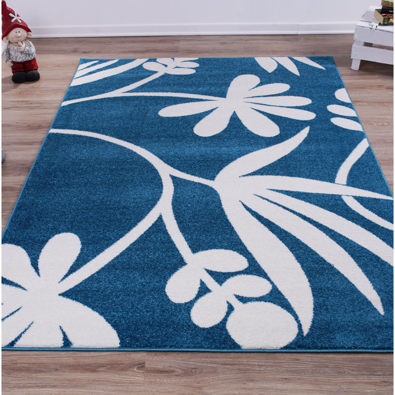 Tapis bleu / blanc Kindig, Rectangle 6 pi 2 po x 9 pi 2 po