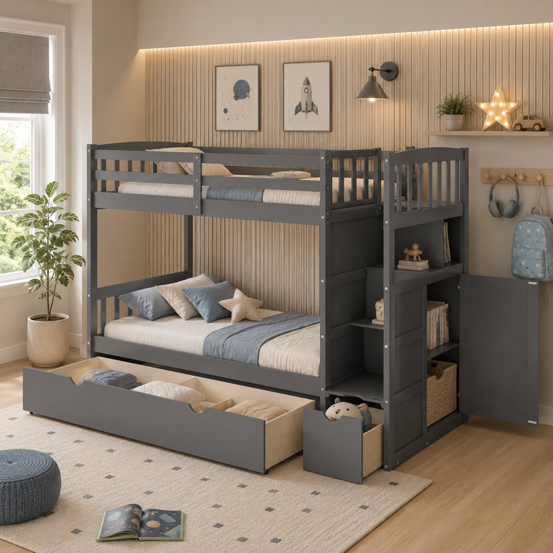 Un lit superposé gris minimaliste comprenant un lit supérieur simple et un lit inférieur plus grand. Avec son design polyvalent et son rangement intégré, il est la solution ultime pour économiser de l'espace pour les petits espaces de vie.
