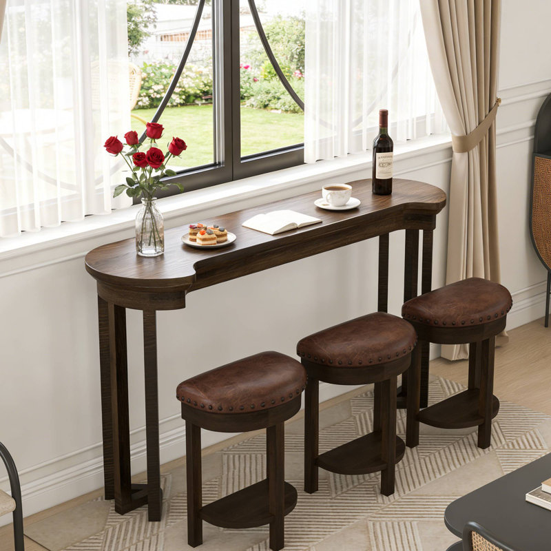 Ensemble de 4 pièces pratiques en bois massif espresso, 3 tabourets rembourrés pour le bar maison, Brun / Espresso