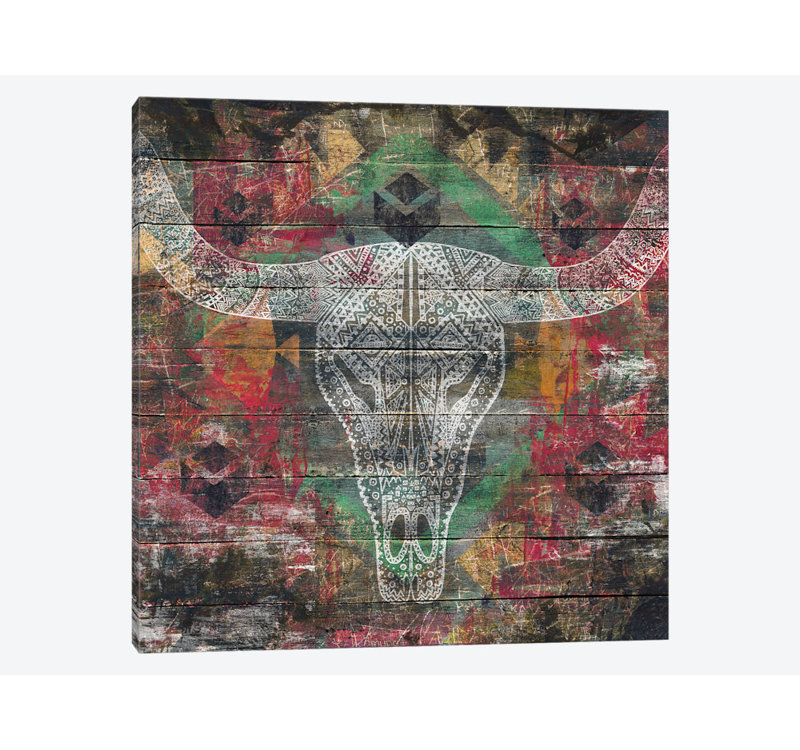 « ancêtres (crâne de vache) », impression sur toile, H 26 po x l 26 po x P 1,5 po, Toile tendue, Pas de tapis