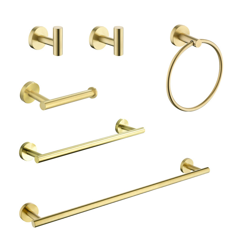 Porte-serviettes 6 pièces pour salle de bain, acier inoxydable, fixation murale or brossé, design moderne, corrosion, acier facile à installer, accessoire de salle de bain, résistance à la rouille et aux égratignures, guide