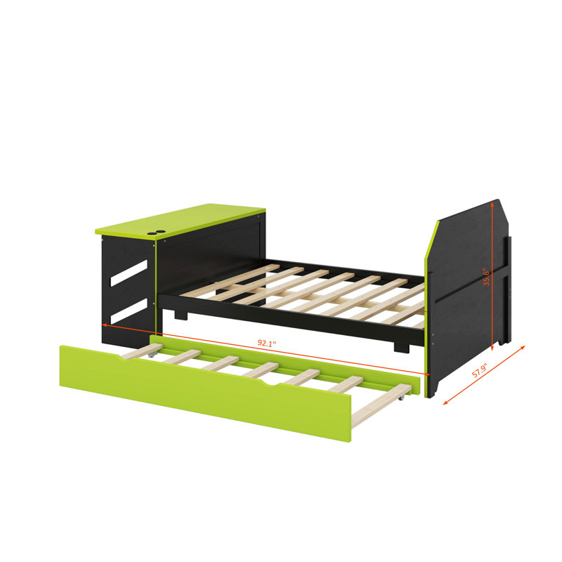 Full Size Daybed With Trundle, Desk & USB Port - Modern Wood Platform Bed, Green