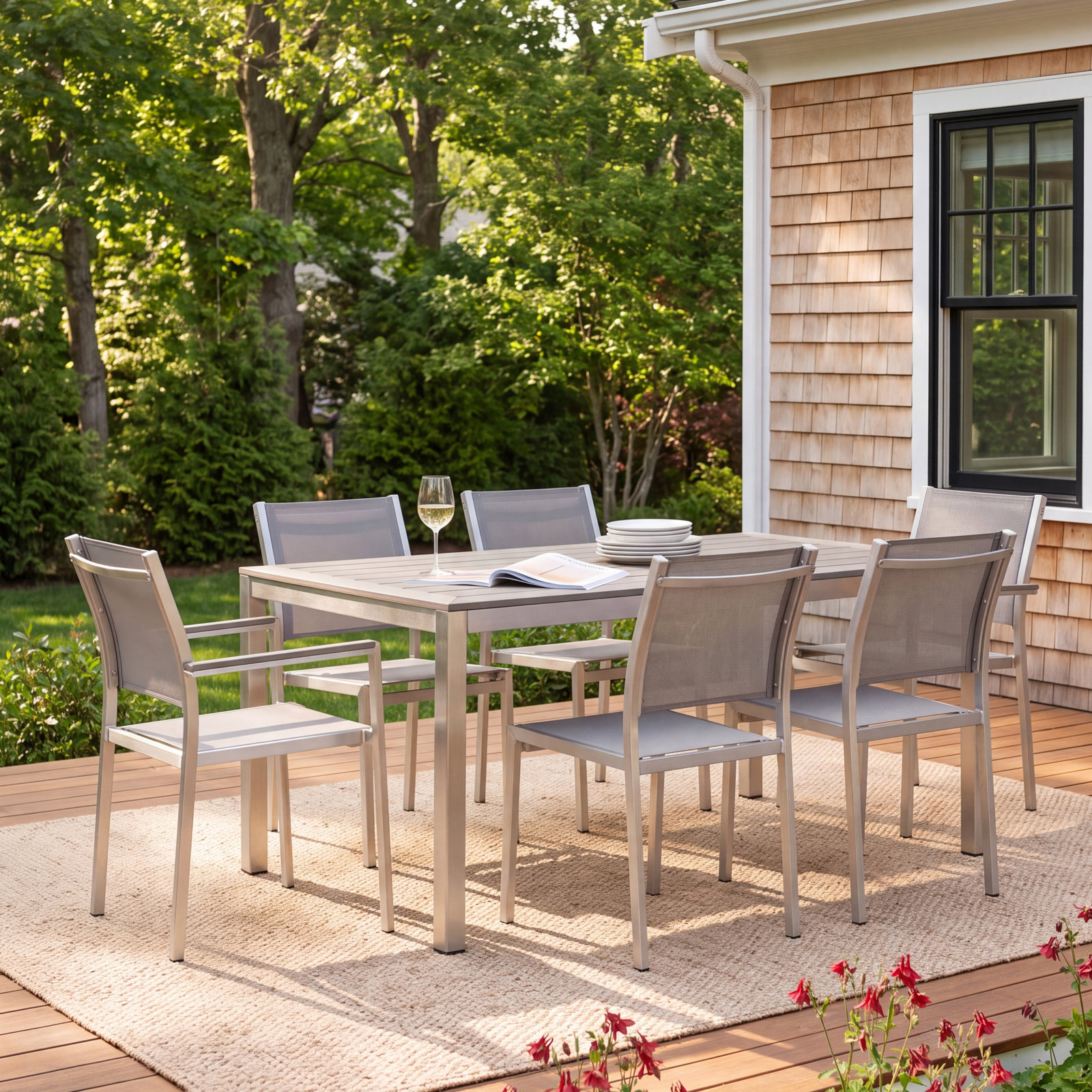Aynura 71" Patio Dining Set, Silver Frame/Gray Top