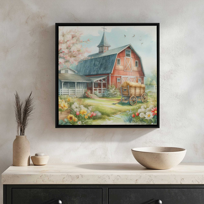 «Spring Barn I» par Nicole DeCamp, reproduction d'art, L 12 po x H 12 po, Brun, Toile avec cadre