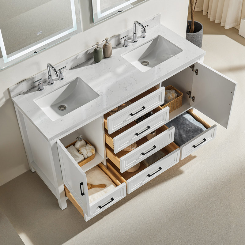 Double salle de bain autoportante 60 "entièrement assemblée avec plateau en marbre