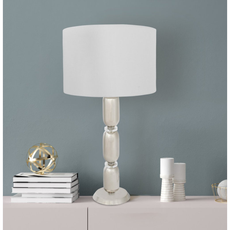 Lampe de table moderne en métal empilable avec détails en verre et abat-jour en lin, Nickel