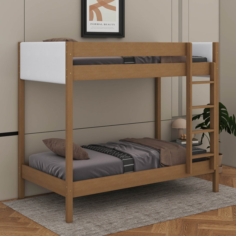 Twin Over Twin Bunk Bed With Boucle Upholstered Headboard And Footboard,Ladder, Safety Guardrails,Rubber Wooden Bunk Bed