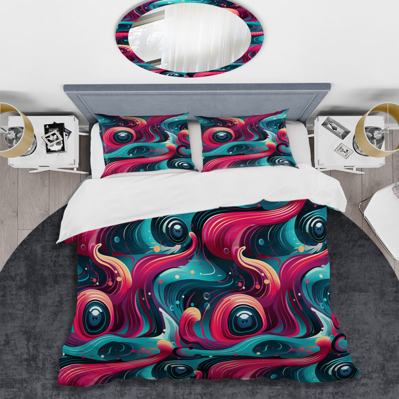 Literie rose et bleue Retro Waves II, Housse de couette pour très grand lit et 2 très