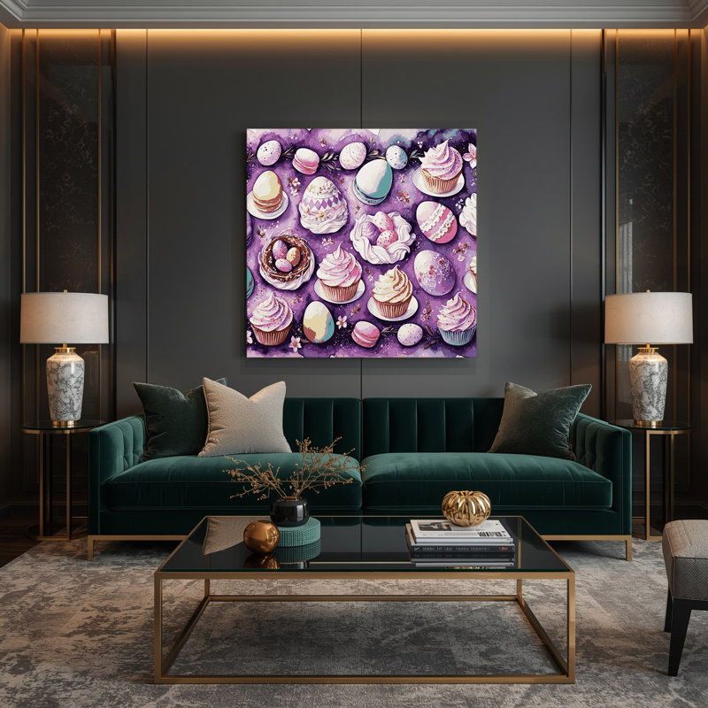 Desserts, œufs de Pâques, toile beige, H 16 po x l 16 po