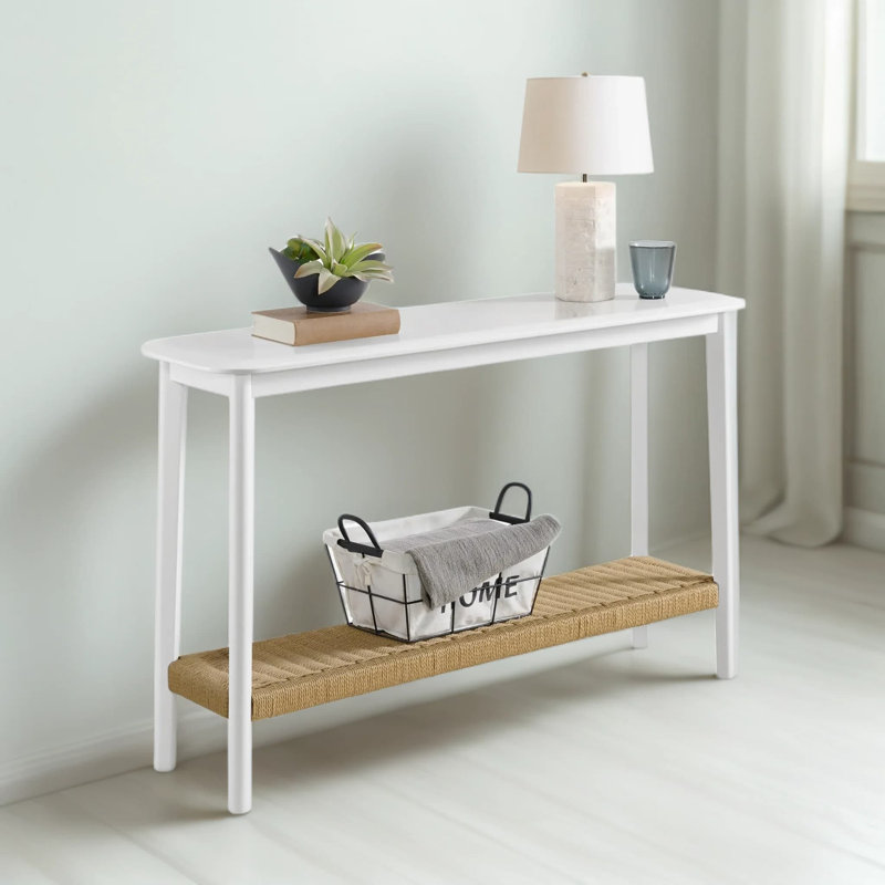 Console moderne de style Mid-Century avec tablette de rangement tissée Calais - 48 pouces, entrée à 2 niveaux, canapé ou table de couloir pour salon, vestibule et appartement