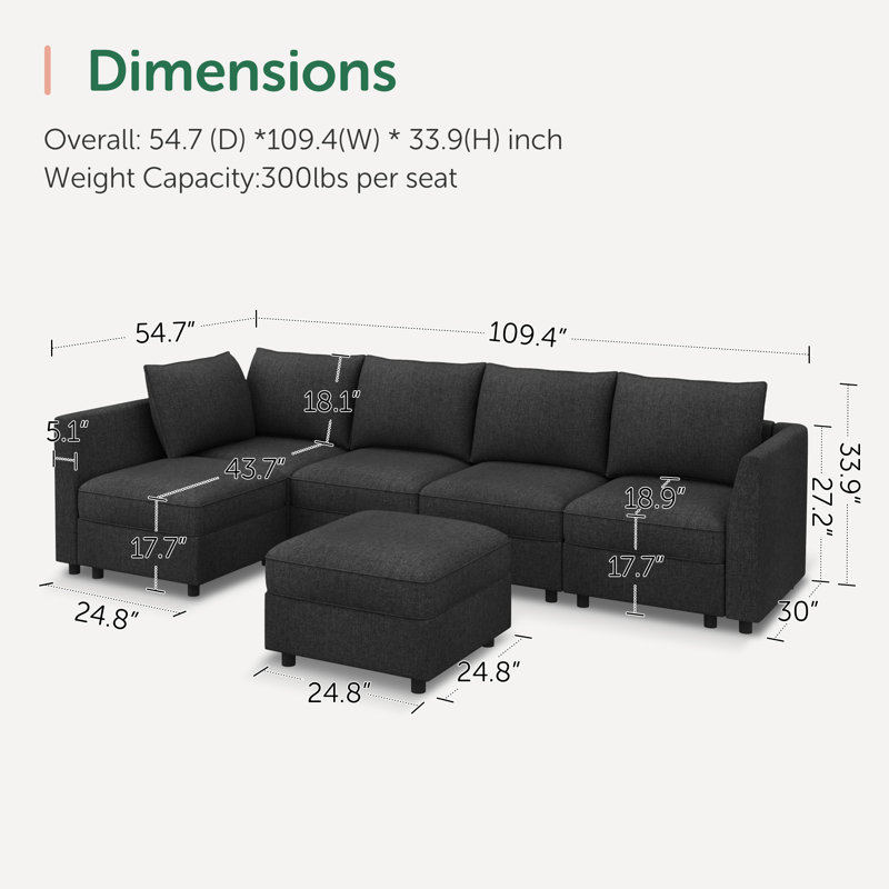 Tremee L-shaped Modular Sleeper Sofa Upholstered Sectional Sofa Couch Dark Grey, Dark Gray Polyester
