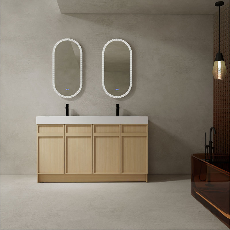 Meuble-lavabo moderne avec double lavabo et rangement abondant, rehaussant le style de la salle de bain
